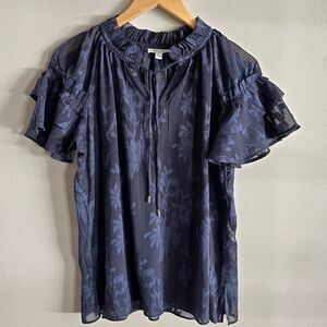 Chico’s Navy Sheer Floral Ruffle Sleeve Blouse Size 1 (M) Lightweight Jacquard